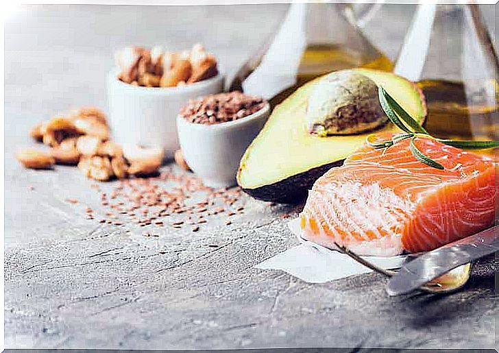 Salmon, avocado, olive oil, seeds and nuts.