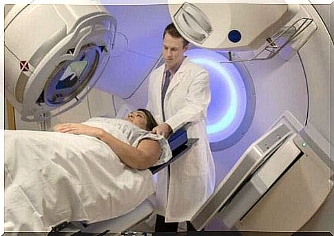 Person undergoes radiation therapy