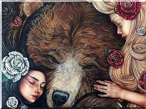 two girls and a bear